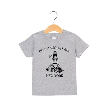 toddler gray t-shirt with a lighthouse graphic and 'Chautauqua Lake New York' text in black.