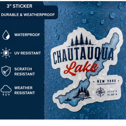 Chautauqua Lake sticker on a water droplet background with durability features listed.