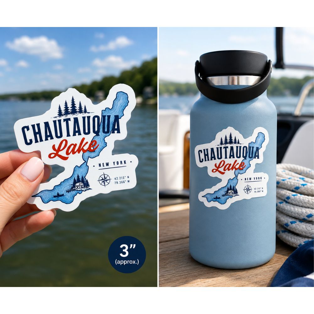 Sticker of Chautauqua Lake behind held by hand and on a water bottle.