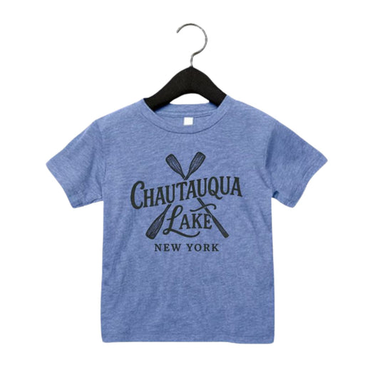Chautauqua Lake Boating Toddler Tee - blue toddler tshirt with black sketched paddle Chautauqua Lake New York lettering on front - Little Gift Nook
