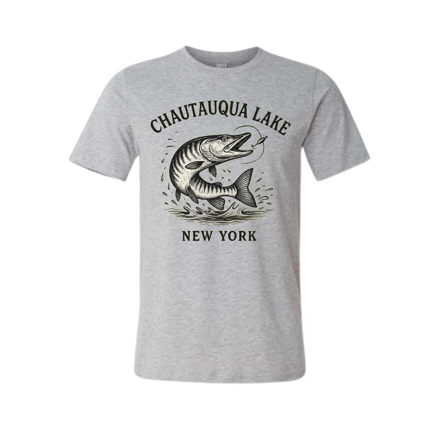 adult heather gray Chautauqua Lake New York muskie fish tshirt - Little Gift Nook