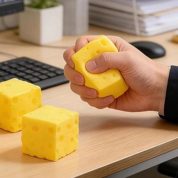 Hand squeezing block of cheese sensory squishy fidget toy on a desk.