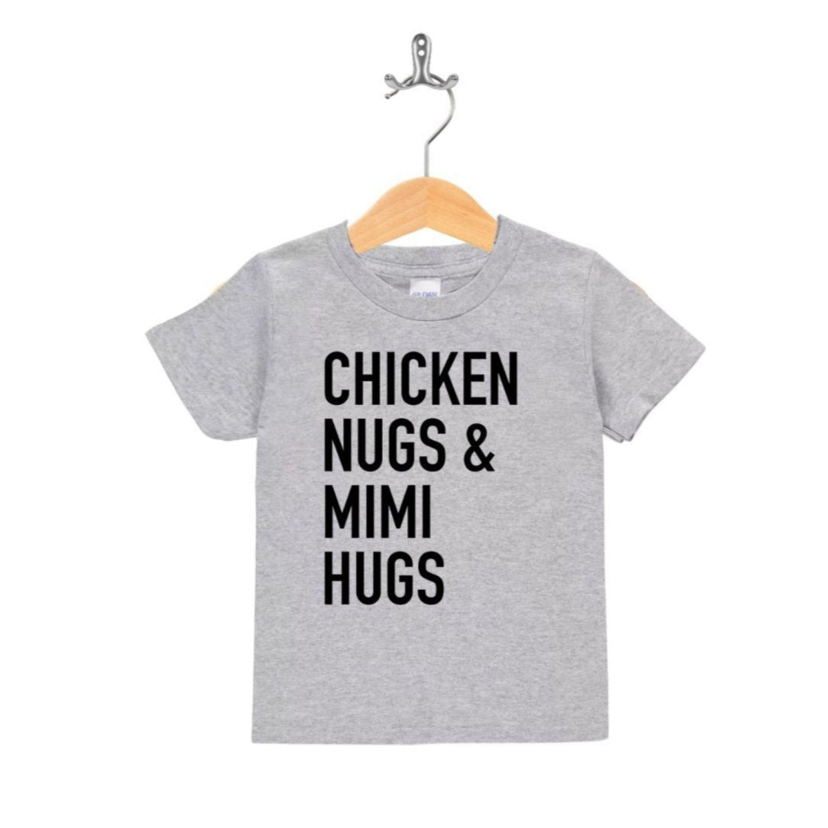 Heather gray kids tshirt on hanger with black text on front "Chicken Nugs & Mimi Hugs" on a white background.
