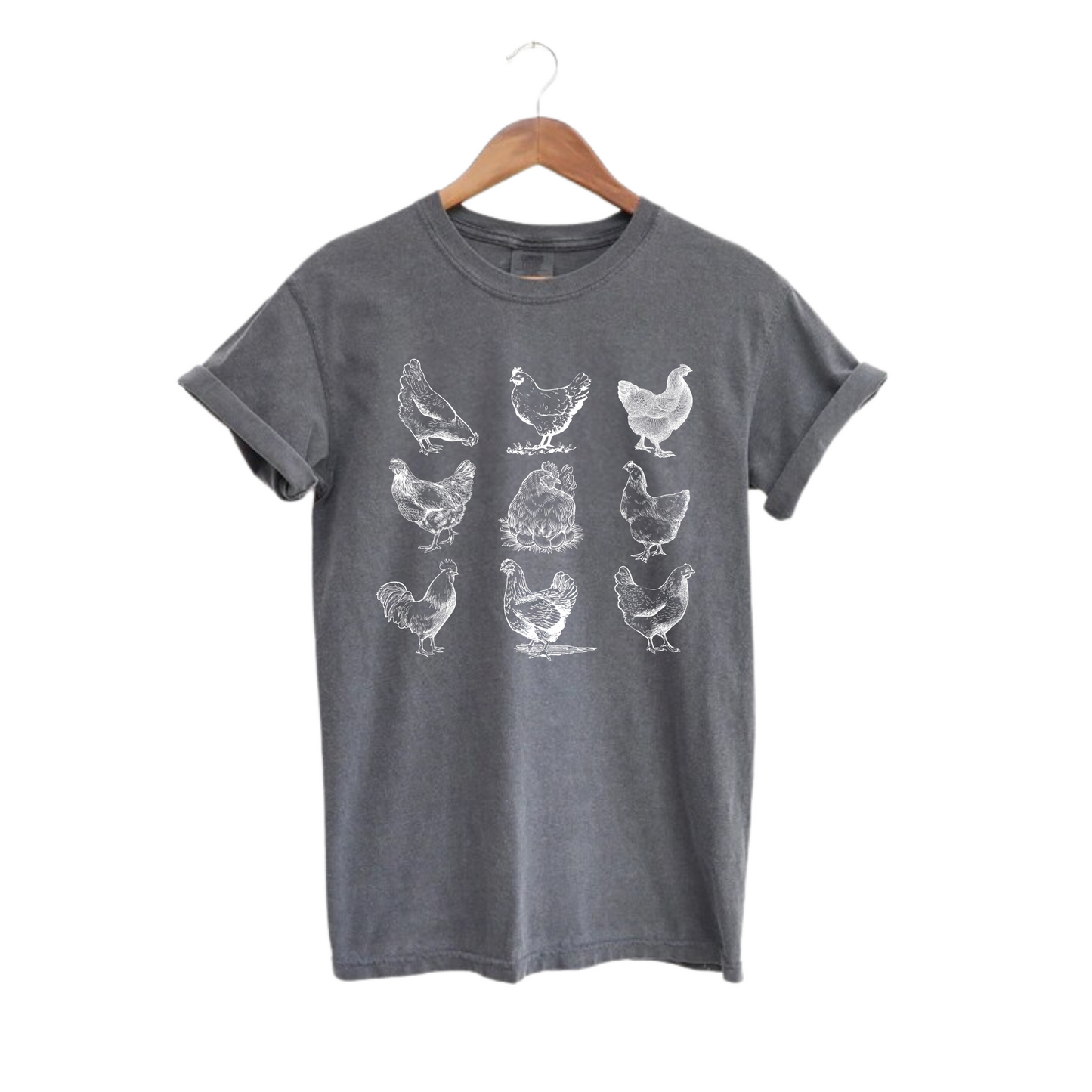 Women's gray tshirt with white chicken sketch tshirt. Farm girls tshirt. Easter t-shirt country chic. Little Gift Nook