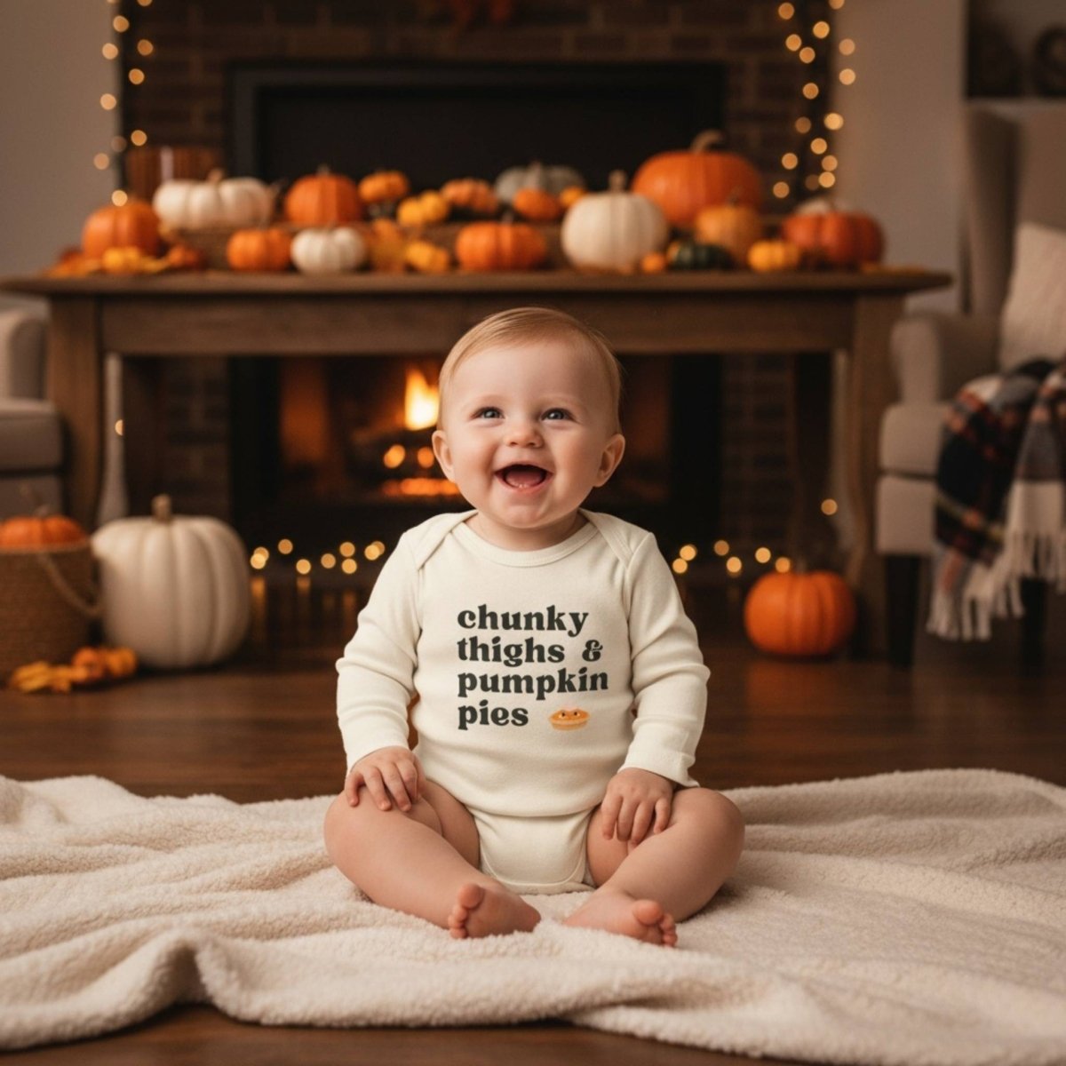 baby sitting wearing creme chunky thighs and pumpkin pies onesie on pumpkin thanksgiving background. 