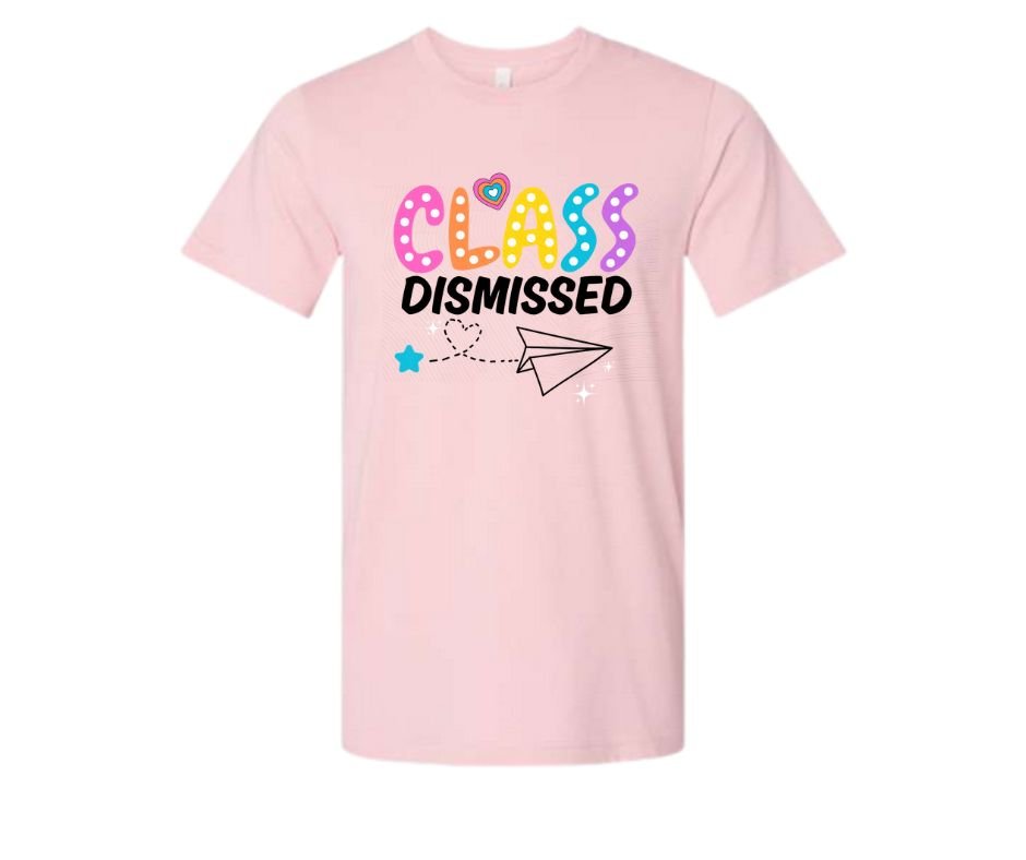 Pink tshirt with Class dismissed and paper airplane on a white background. 