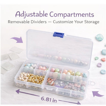 Clear storage box with adjustable compartments and removable dividers, filled with small beads and accessories.