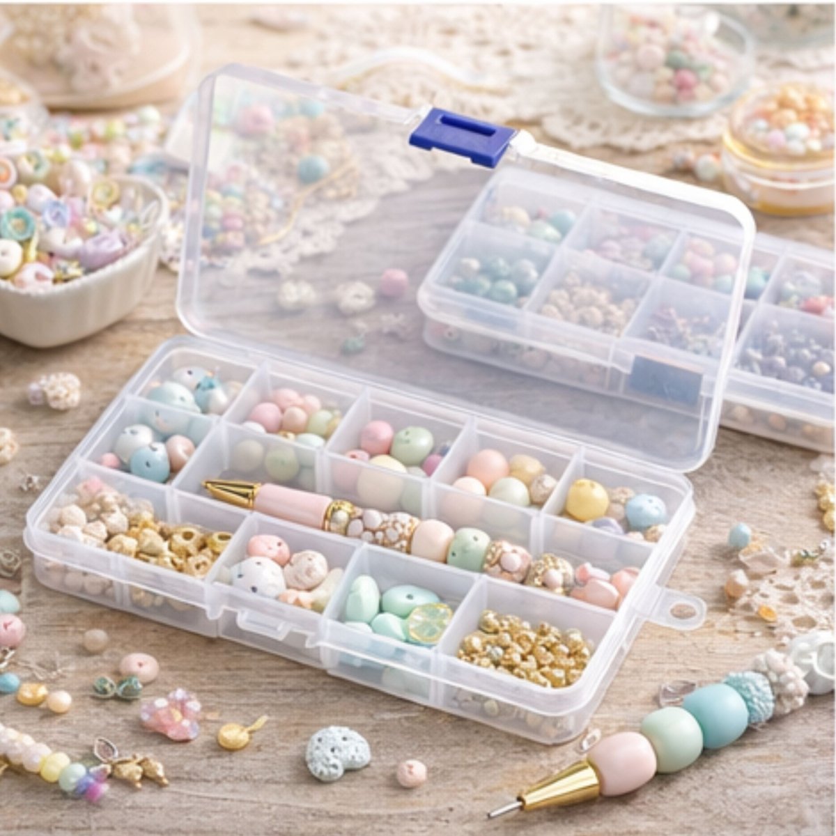 Clear jewelry-making organizer with pastel beads and tools on a wooden surface.