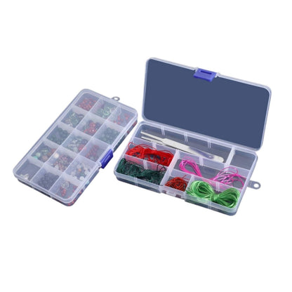 Clear bead container with sample beads, string inside on a white background. Little Gift Nook