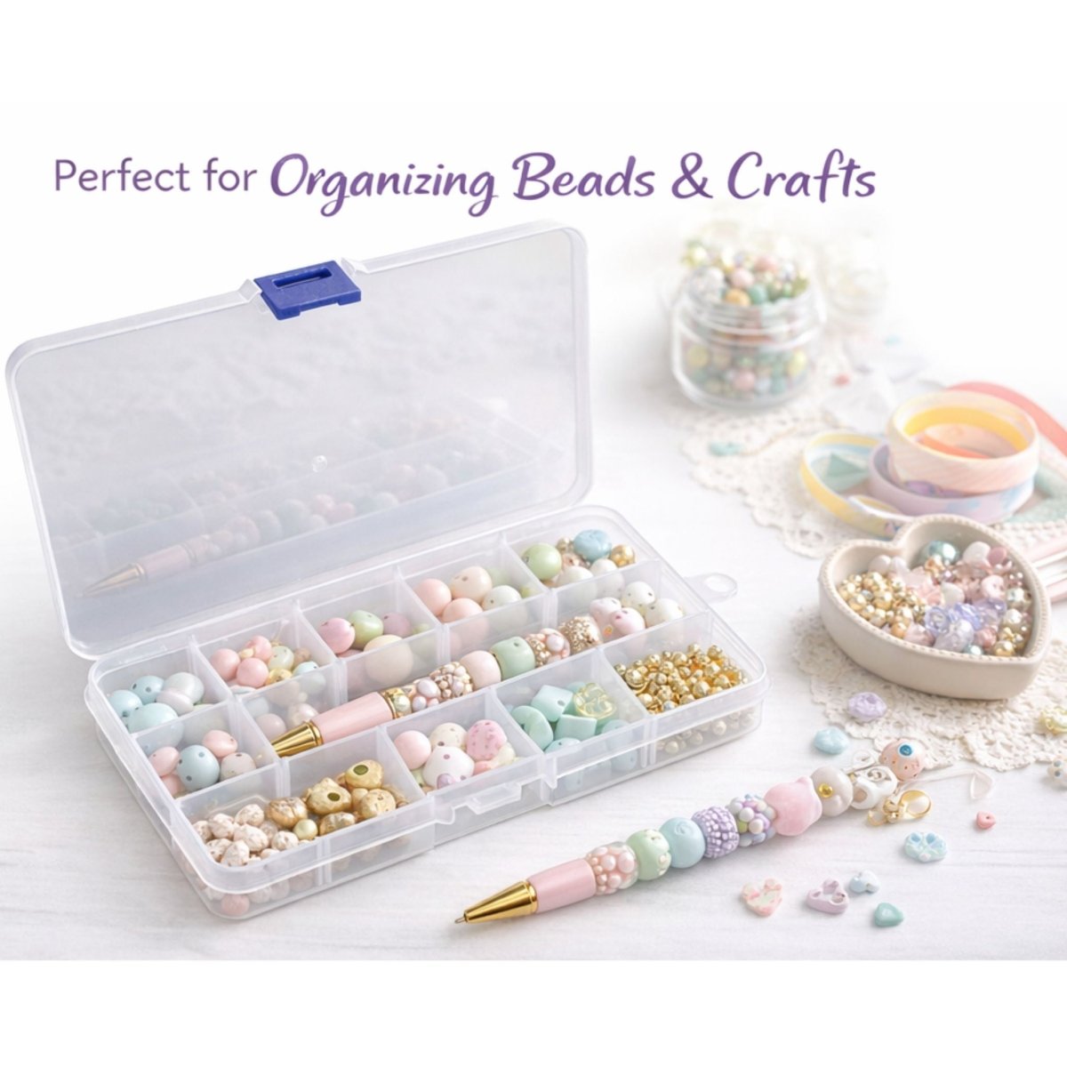 Clear organizer with beads and a pen on a white surface, with text 'Perfect for Organizing Beads & Crafts'. Little Gift Nook