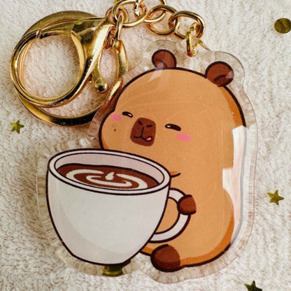capybara drinking coffee keychain. Capybara Acrylic Keychains with metal ring and clip. Double sided. Little Git Nook.