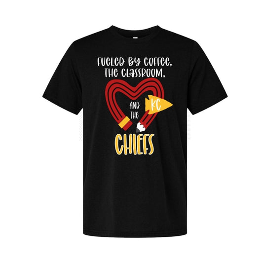 Black t-shirt with red yellow pencil heart design and "fueled by coffee, the classroom, and the chiefs" image on front. Little Gift Nook