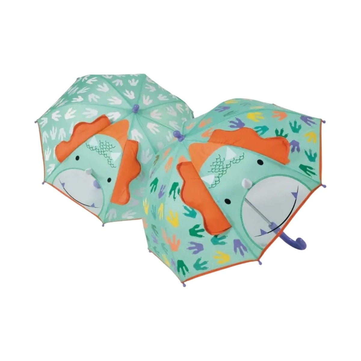 Color Changing 3D Dinosaur Umbrella. Green and orange dinosaur umbrella with peek through window and paw prints that change color when wet. - Little Gift Nook