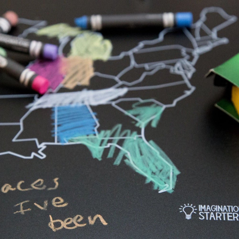 Imagination Starters reusable wipe off USA Map mat with crayons.