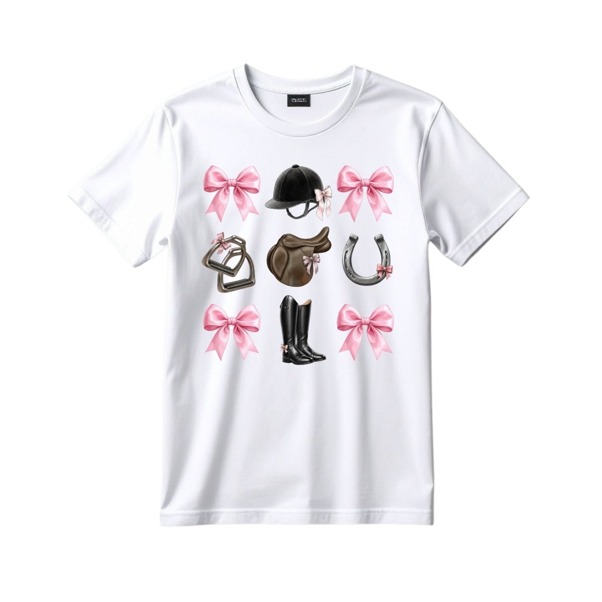 White T-shirt featuring pink bows and equestrian graphics including helmet, saddle, boots, stirrups, and horseshoe.