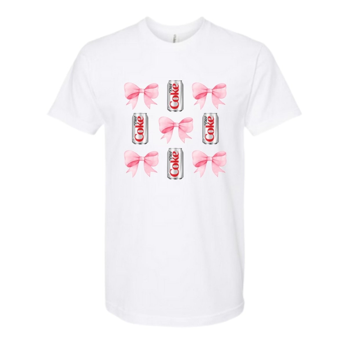 White tshirt with pink bows and diet soda cans sitting on white background. Little Gift Nook