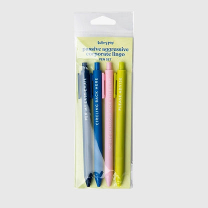4 colored corporation passive aggressive sayings pen set in package sitting on gray background.