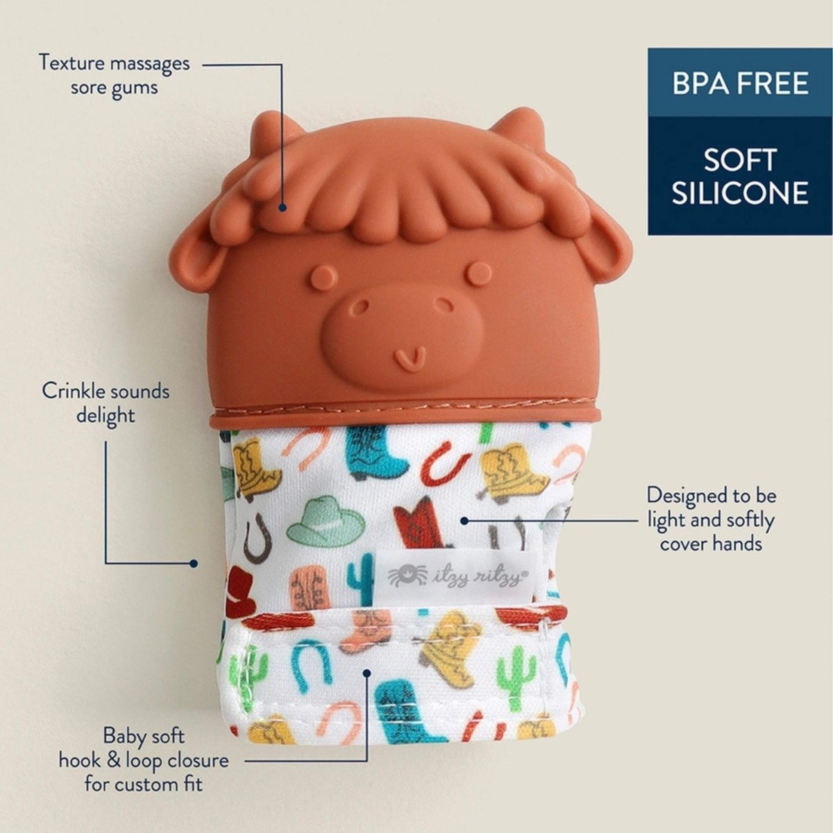 Baby teething mitt cow details on a tan background. Little Gift Nook