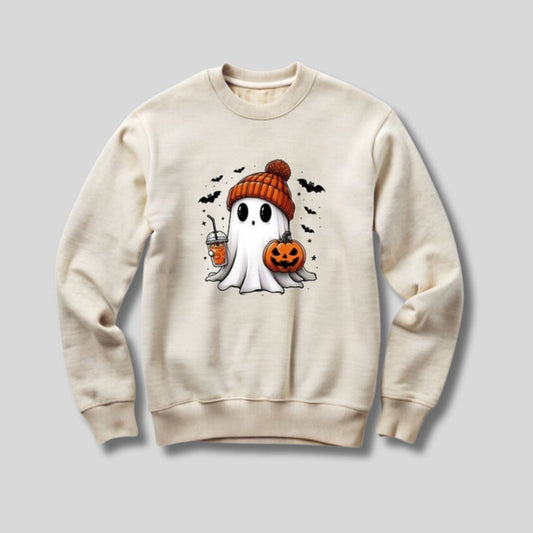 Adult creme white ghost with orange beanie hat holding pumpkin and latte fall sweatshirt on light gray background. Little Gift Nook