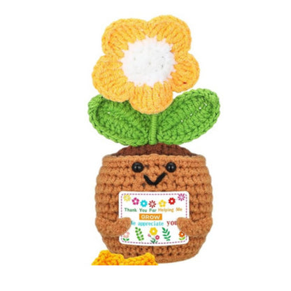 Thank You for Helping Me Grow Crochet Flowers -Mini crochet flower pot with yellow white flowe. Flower pot is holding a sign saying "Thank you for helping me Grow. We appreciate you!" - Little Gift Nook