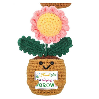 Thank You for Helping Me Grow Crochet Flowers -Mini crochet flower pots with pink yellow flower. Flower pot is holding a sign saying "Thank you for helping me Grow" - Little Gift Nook
