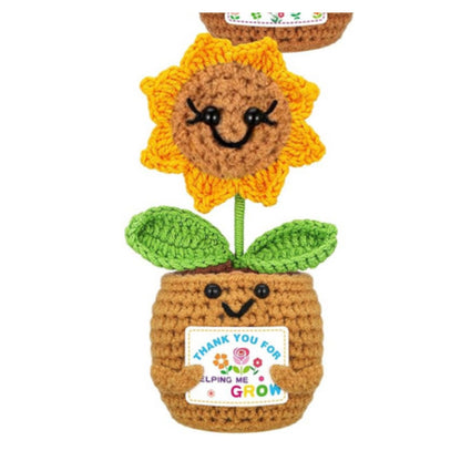 Thank You for Helping Me Grow Crochet Flowers -Mini crochet flower pot with yellow sunflower. Flower pot is holding a sign saying "Thank you for helping me Grow" - Little Gift Nook