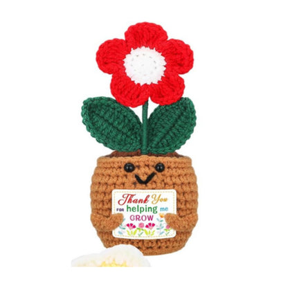 Thank You for Helping Me Grow Crochet Flowers -Mini crochet flower pot with red and white flower. Flower pot is holding a sign saying "Thank you for helping me Grow" - Little Gift Nook