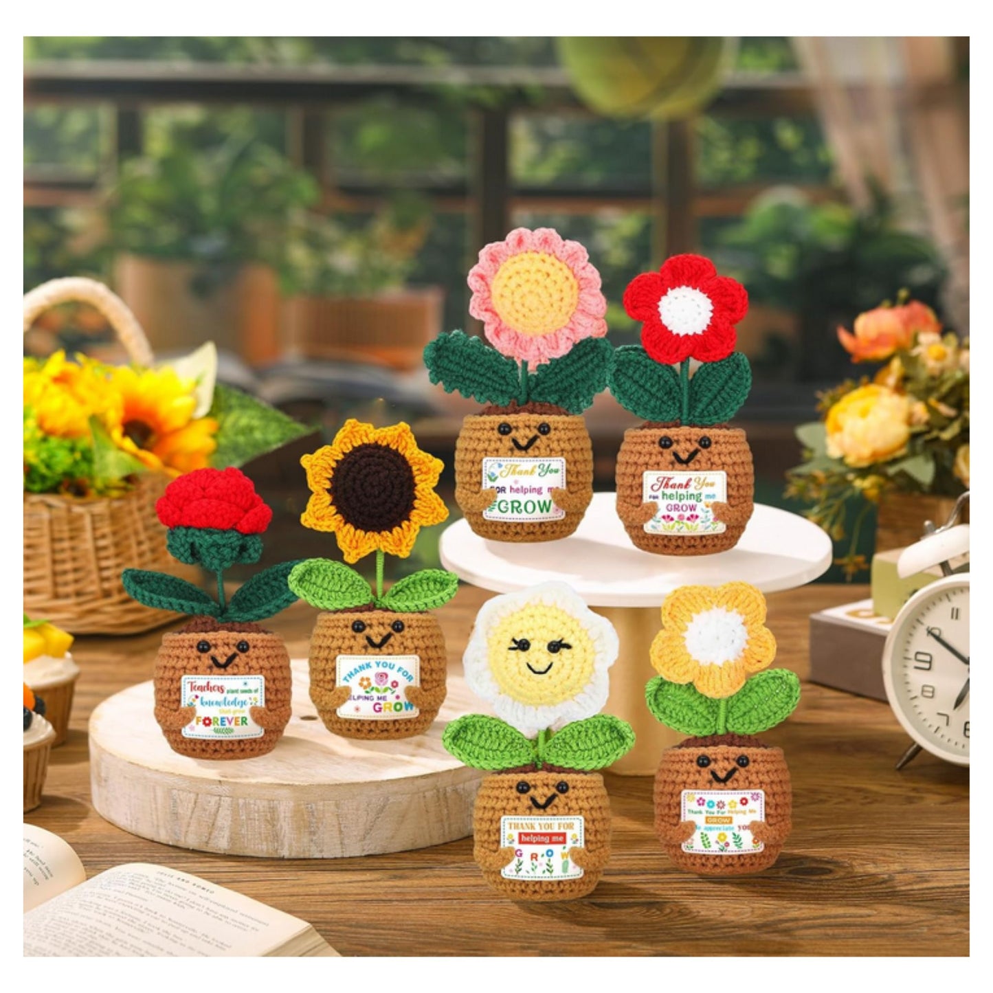 Thank You for Helping Me Grow Crochet Flowers -Mini crochet flower pots with pink yellow flower. Flower pot is holding a sign saying "Thank you for watching me Grow" - Little Gift Nook