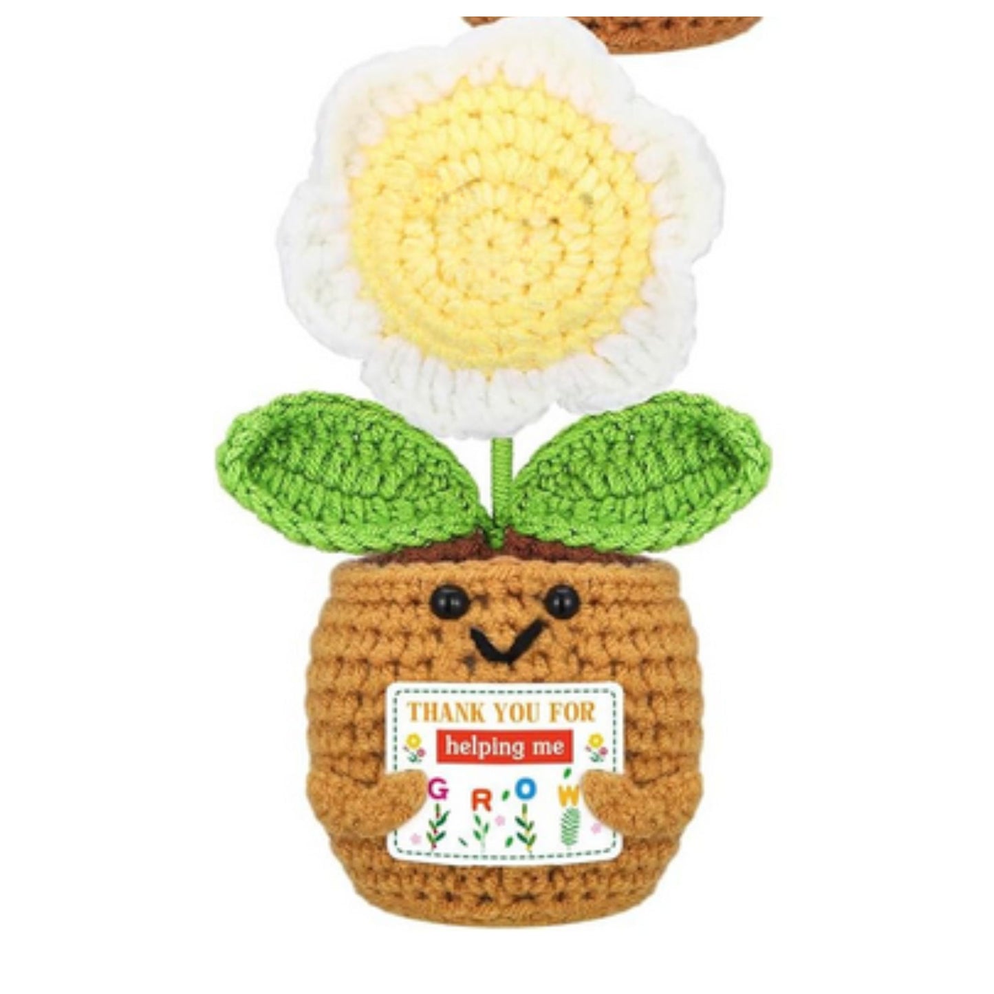 Thank You for Helping Me Grow Crochet Flowers -Mini crochet flower pots with yellow white flower. Flower pot is holding a sign saying "Thank you for helping me Grow" - Little Gift Nook