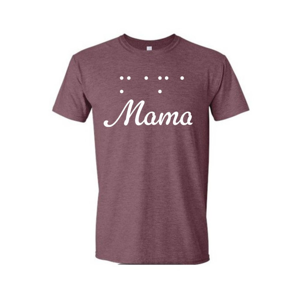Heather purple personalized Braille t-shirt featuring the word Mama in white script lettering with raised Braille dots above. Custom Braille apparel and meaningful gift for moms.