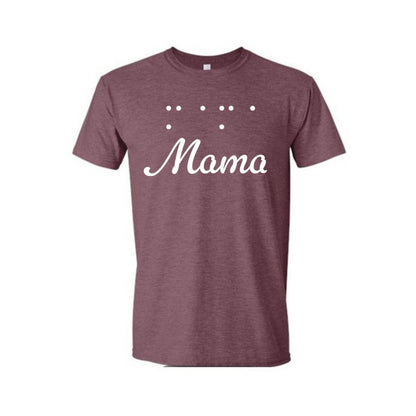 Heather purple personalized Braille t-shirt featuring the word Mama in white script lettering with raised Braille dots above. Custom Braille apparel and meaningful gift for moms.