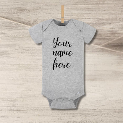 Blank gray baby onesie personalized custom onesie hanging on clothespin n wood background