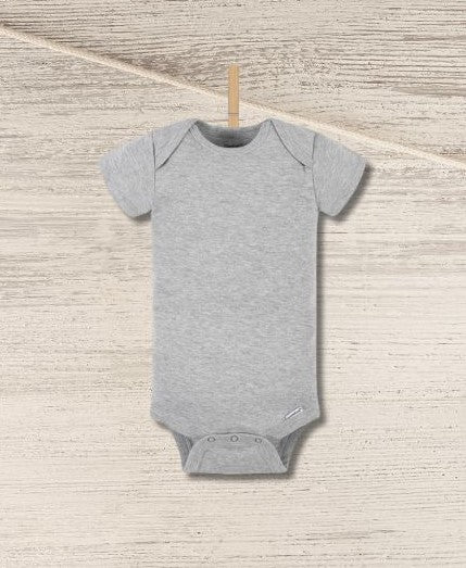 Blank gray baby onesie personalized custom onesie hanging on clothespin n wood background.