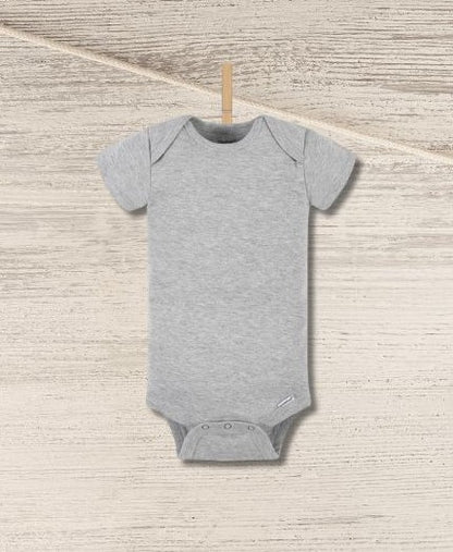 Blank gray baby onesie personalized custom onesie hanging on clothespin n wood background.