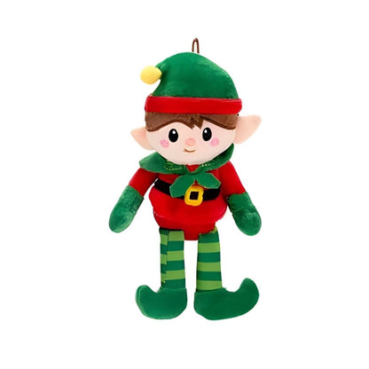 Plush toy boy elf doll ornament with red hat on white background.