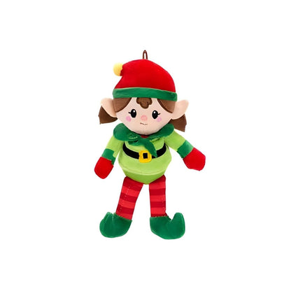 Plush toy girl elf doll ornament with red hat on white background.