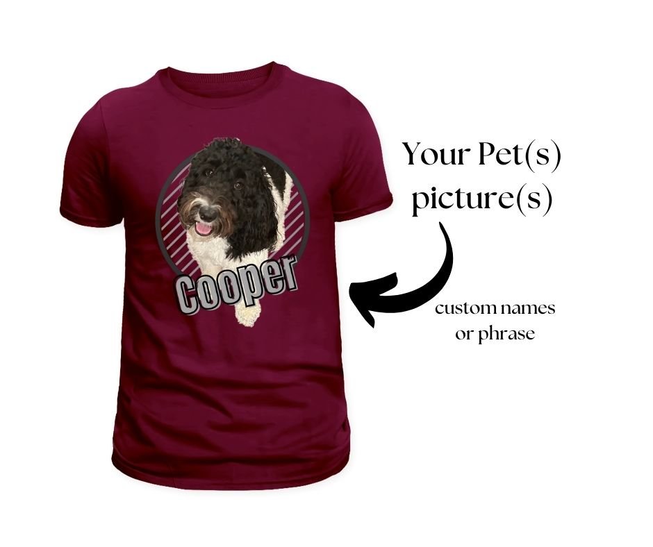 maroon tshirt with custom pet photo on front and pet name on a white background with text instructions. Little Gift Nook