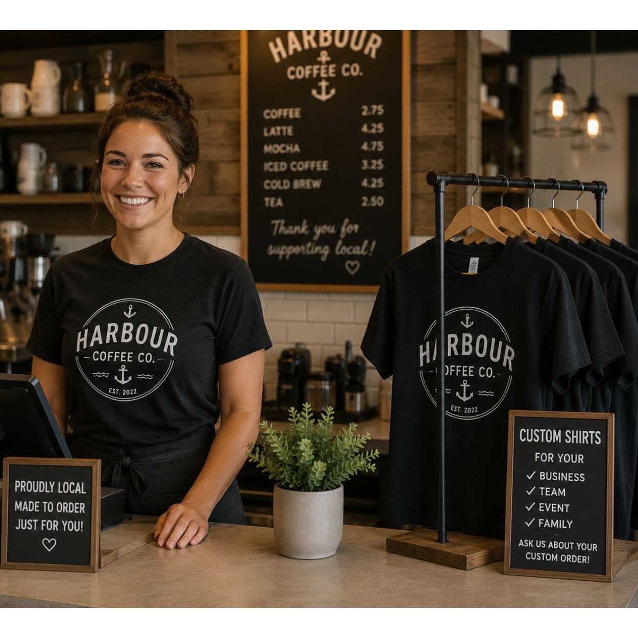 A smiling woman stands behind a cafe counter wearing a black T-shirt with a white circular Harbour Coffee Co. logo. custom shirts for your business.