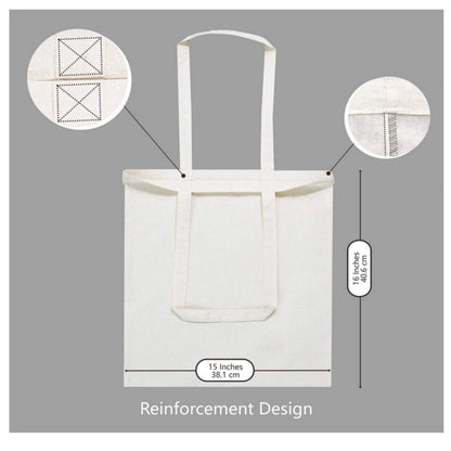 Beige tote bag with dimensions and size sitting on gray background.
