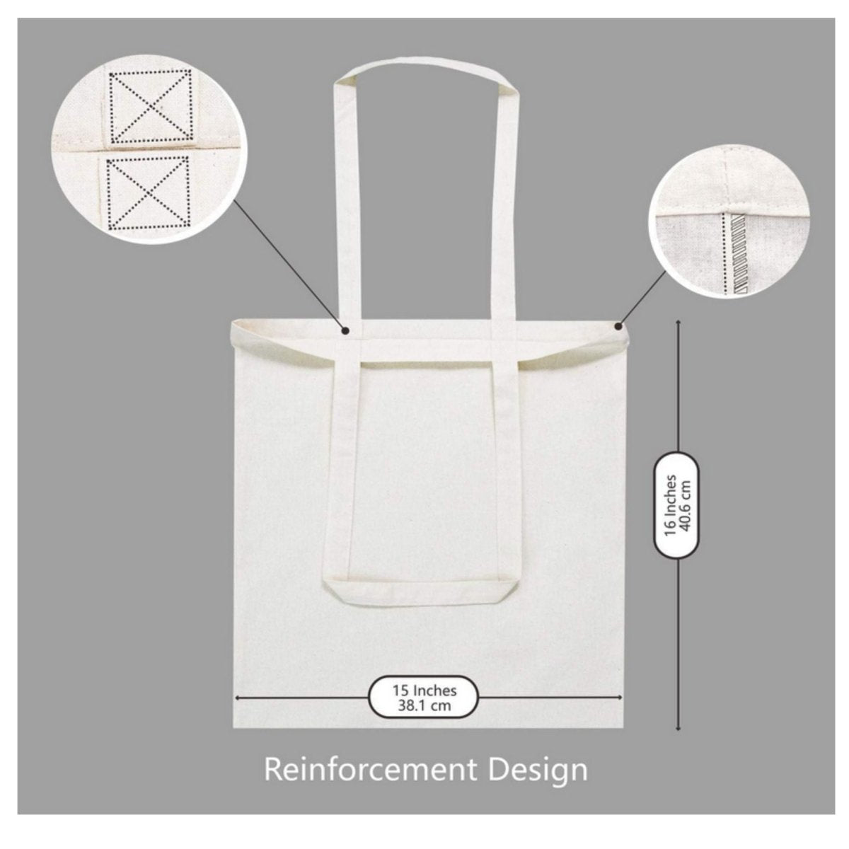 Beige tote bag with dimensions and size sitting on gray background.