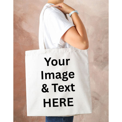 woman holding white tote bag - custom tote bags your text here - Little Gift Nook