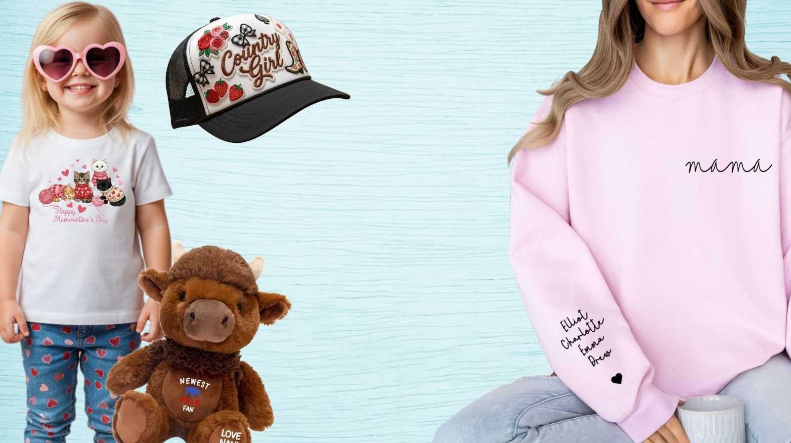 Custom hats, tshirts, and gifts. Mama sweatshirt, kids cat tshirt, custom hat, and personalized plush buffalo. Little Gift Nook