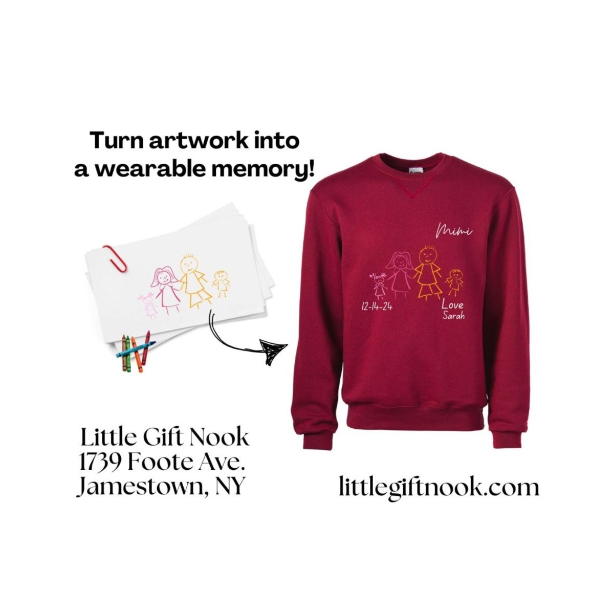 Maroon custom sweatshirt with child's drawing from paper onto sweatshirt. - Little Gift Nook