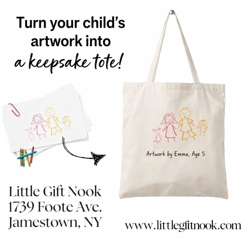 Beige tote bag with child's drawing put onto bag from the Little Gift Nook on a white background.
