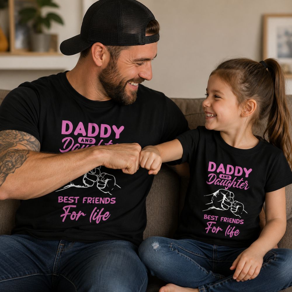 Dad and daughter sitting on couch in matching black tshirts with pink "DADDY and Daughter Best Friends for Life" and a fist bump image. 