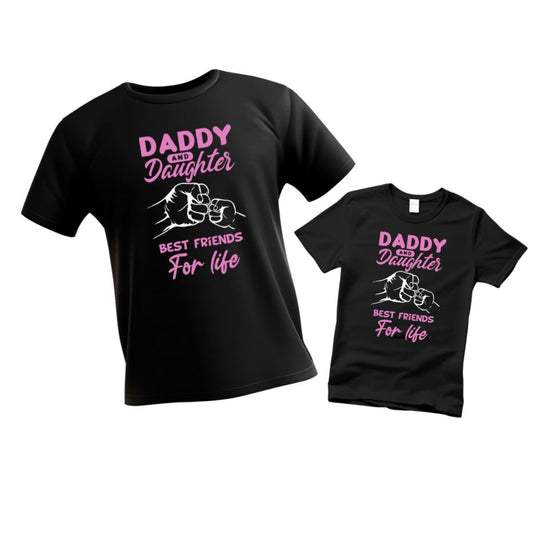 Dad Daughter matching Fist Bump Shirts - black cotton tshirts with pink "Daddy and Daughter Best Friends for Life" text and white fist bumps graphic on front - Little Gift Nook
