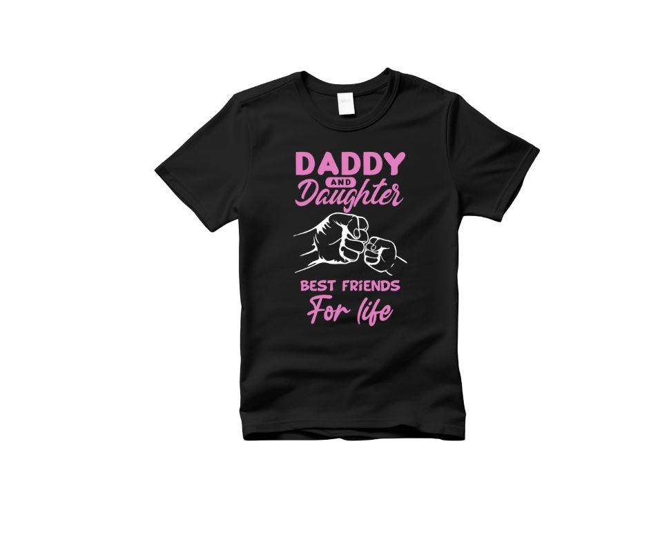 Dad Daughter matching Fist Bump Shirts - black cotton tshirts with pink "Daddy and Daughter Best Friends for Life" text and white fist bumps graphic on front child shirt - Little Gift Nook
