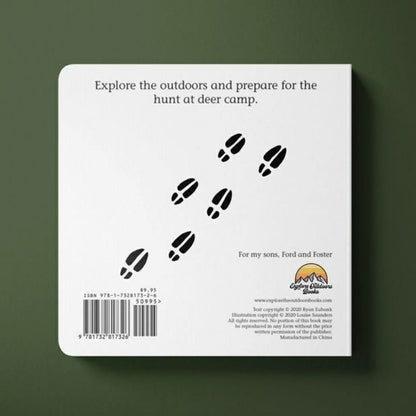 Back cover of a board book Deer Camp with deer tracks and text on a green background.