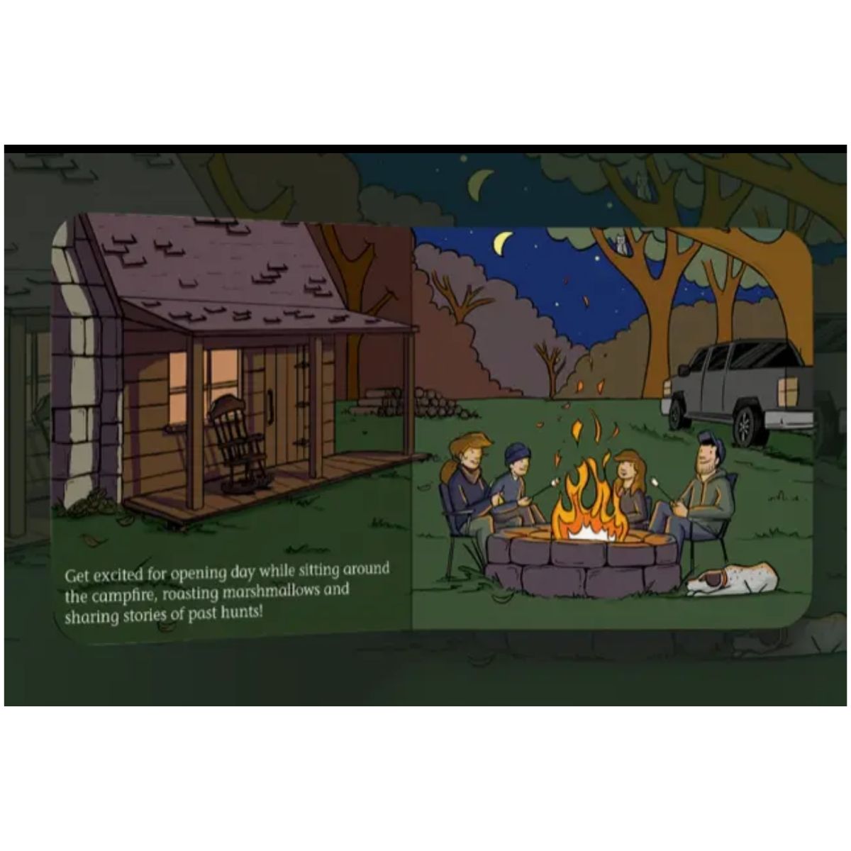 Inside "Deer Camp" board book with cartoon-style illustration of a cabin and people around a campfire at night.