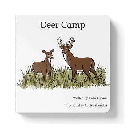 Book cover of 'Deer Camp' with illustrations of two deer on a white background - Little Gift Nook
